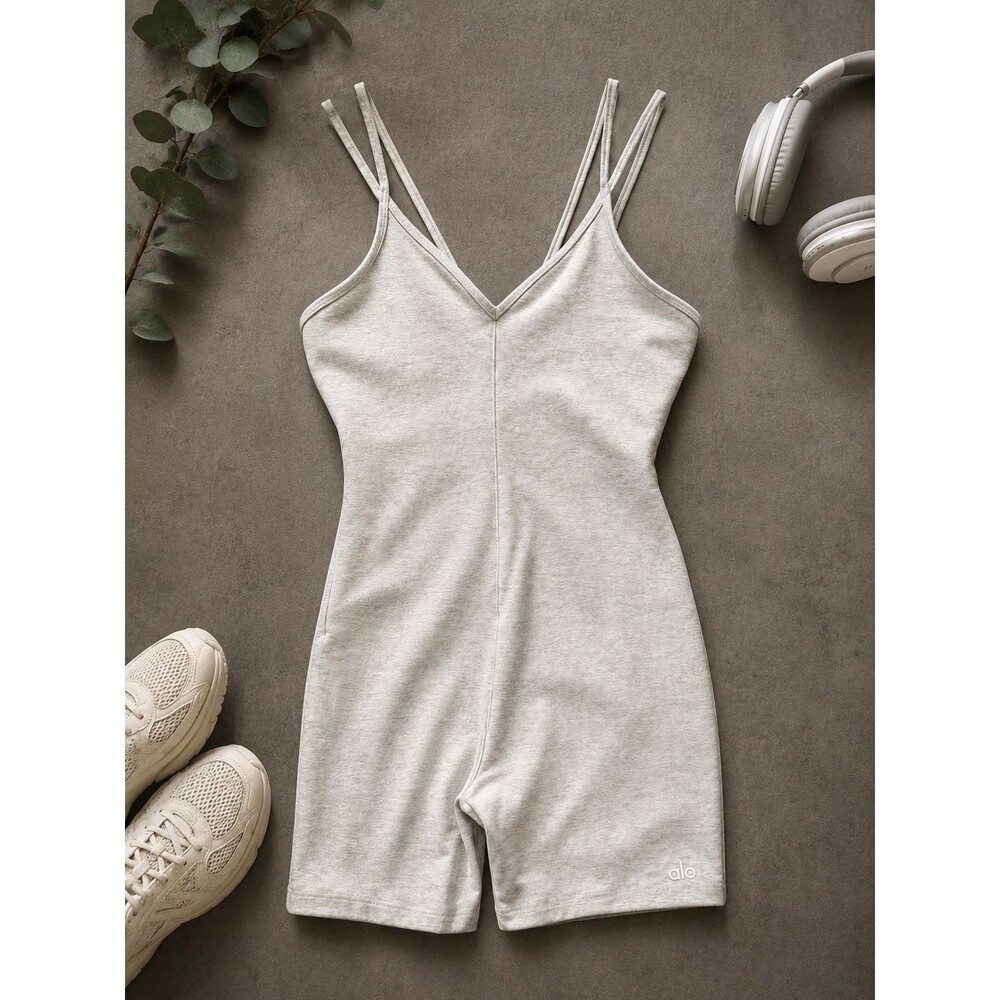 ALO Yoga Suns Out Bodysuit Romper Gray Strappy Unitard Athletic One Piece Size M
